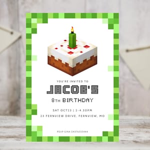 May include: A birthday invitation with a pixelated green border and a pixelated cake graphic. The invitation reads "YOU'RE INVITED TO JACOB'S 8TH BIRTHDAY" with the date, time, and location details. RSVP information is also included.