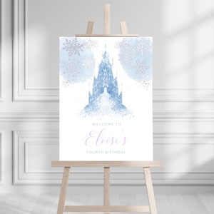 May include: A blue and white printable sign with a watercolor illustration of a castle and snowflakes. The text on the sign reads "Welcome to Elise's Fourth Birthday".