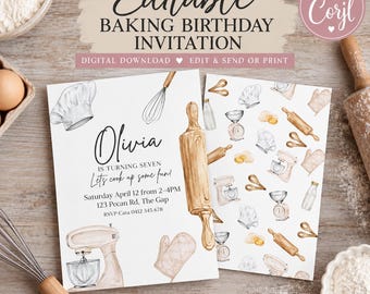 May include: An editable baking birthday invitation template featuring watercolor illustrations of a rolling pin, whisk, mixer, and chef hat. The text reads Olivia is turning seven, Let's cook up some fun, Saturday April 12 from 2-4PM, 123 Pecan Rd, The Gap, RSVP Cara 0412 345 678.