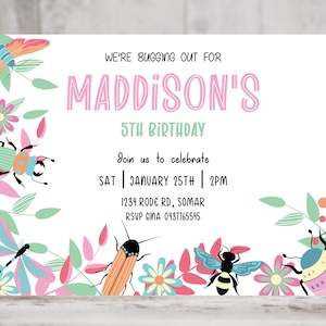 Invitación a la fiesta de cumpleaños de los insectos, tema de la fiesta de cumpleaños de los insectos de la muchacha linda, invitación de los insectos, imprimible, editable, DESCARGA INSTANTÁNEA