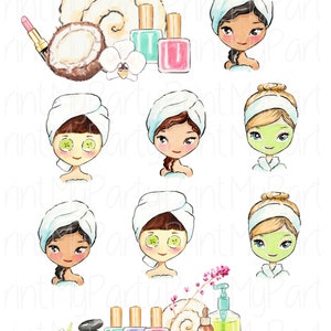 May include: A set of spa and beauty illustrations featuring women with face masks, towels, and beauty products. The illustrations are in a watercolor style and feature a variety of colors, including pink, green, blue, and white.