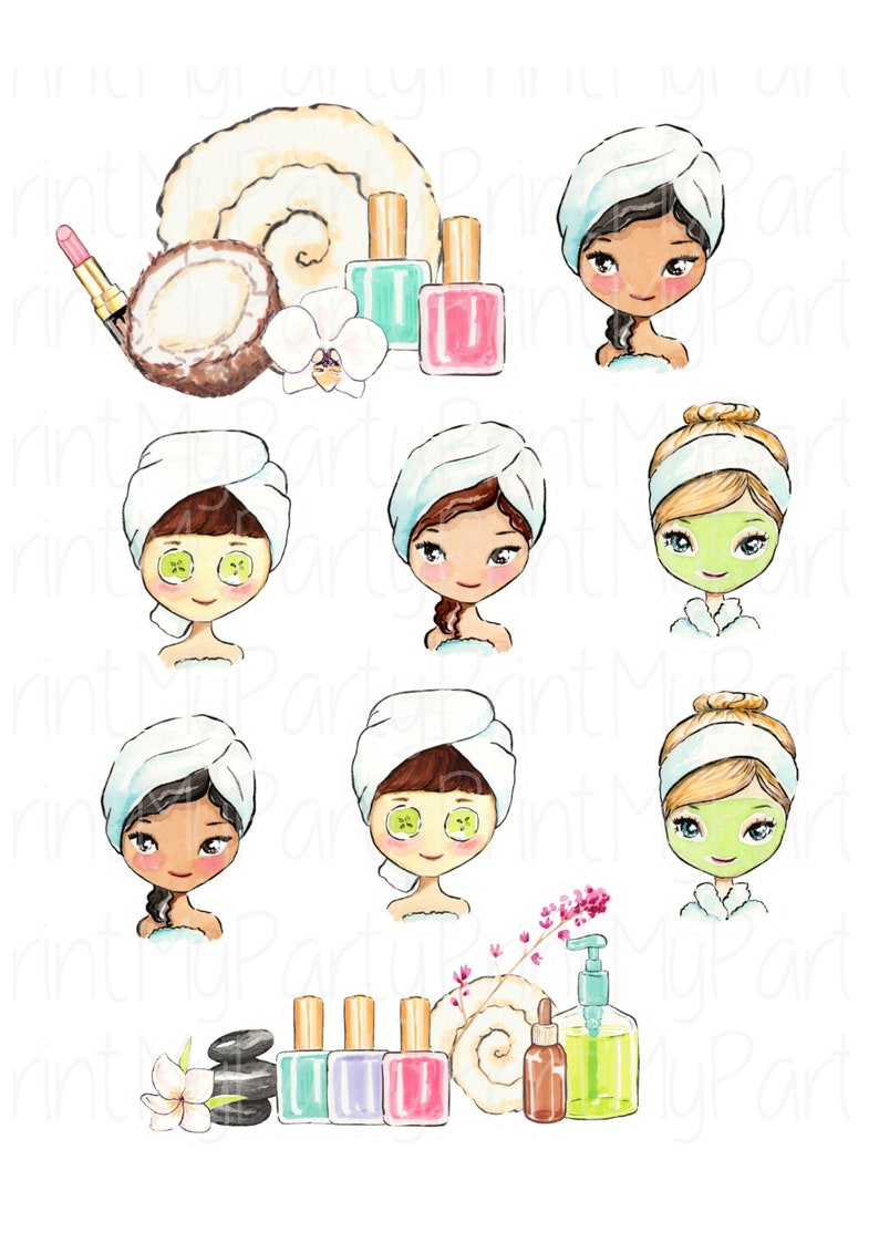May include: A set of spa and beauty illustrations featuring women with face masks, towels, and beauty products. The illustrations are in a watercolor style and feature a variety of colors, including pink, green, blue, and white.