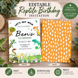 Puede incluir: Una invitación de cumpleaños editable con temática de reptiles, con un frente que muestra ilustraciones de varios lagartos, una serpiente, una tortuga y un cocodrilo, con el texto Ben's 5th Birthday, y un reverso con un patrón naranja y blanco.