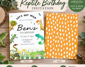 May include: An editable reptile-themed birthday invitation featuring a front side with illustrations of various lizards, a snake, a turtle, and a crocodile, with text reading Ben's 5th Birthday, and a back side with an orange and white pattern.