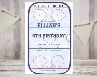 May include: A blue and red hockey rink-shaped birthday invitation for Elijah's 8th birthday party. The invitation includes the date, time, and address of the party. RSVP information is also included.