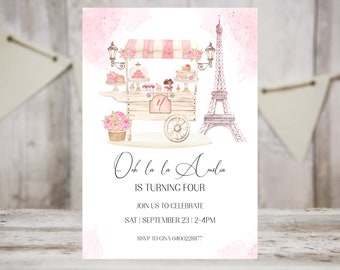 May include: A pink and white watercolor invitation with a Parisian theme. The invitation features a vintage-style cart with pastries and a miniature Eiffel Tower. The text reads "Oh la la Amelia is turning four. Join us to celebrate Sat September 23 2-4pm. RSVP to Gina 0400228877".