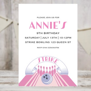 Bowling Birthday Party Invitation, Girl Birthday, Bowling Party Printable Invitation, Editable Invitation, INSTANT DOWNLOAD