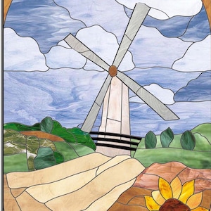 Windmill Stained Glass Pattern PDF, Stain Glass Sunflower Pattern, Stained Glass Summer Window Panel/Hanging Pattern