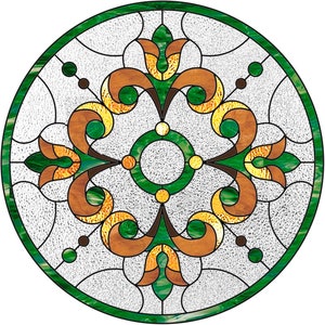 May include: A round stained glass window with a green, brown, and gold design. The design features a central circle surrounded by four stylized floral motifs.