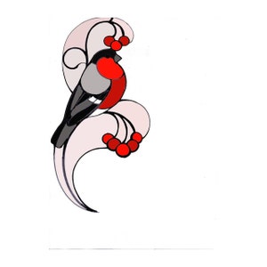 May include: A red and gray bird with black eyes perched on a stylized branch with red berries. The bird is facing left and the branch is curved.