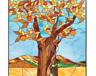 Stained glass tree pattern to download instantly, Stain glass autumn ornament pattern, Fall tree landscape stained glass panel pattern