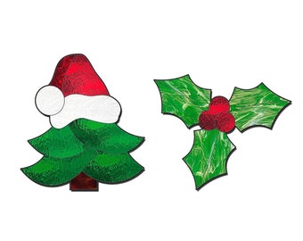 Stained glass christmas ornament patterns (a set of 4), Christmas tree suncatcher pattern, Mistletoe stain glass pattern to download