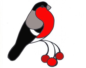 May include: A black and red bird with a grey breast perched on a branch with three red berries.
