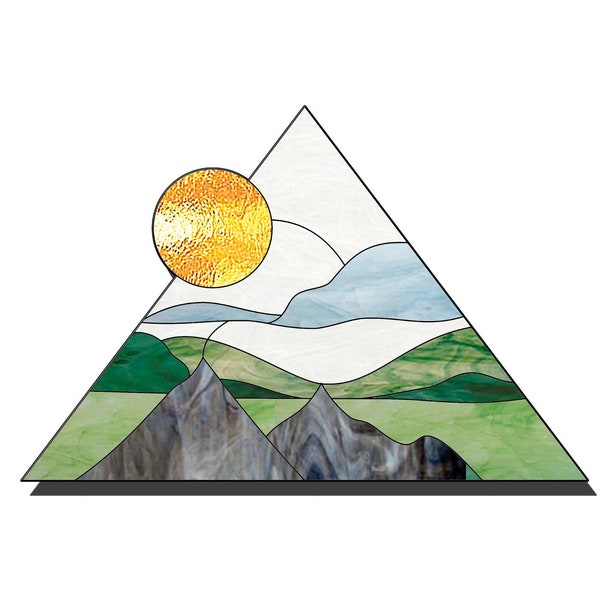 ステンドグラスの山の模様 PDF、ステンドグラスの風景窓吊り模様をすぐにダウンロード、ステンドグラスの太陽模様