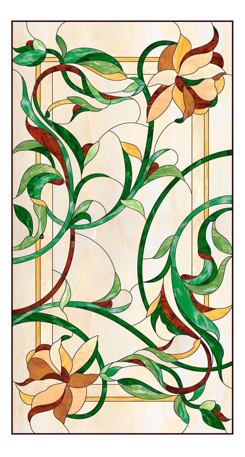 May include: A stained glass window design featuring a floral motif with intricate details. The design includes green leaves, brown stems, and yellow and orange flowers.