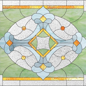 May include: A stained glass window design with a blue and gold geometric pattern on a green background.