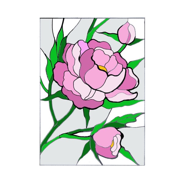 Peony Stained Glass Pattern, Pion Stain Glass Window Panel/Hanging Pattern, Stained Glass Flower Pattern to Download