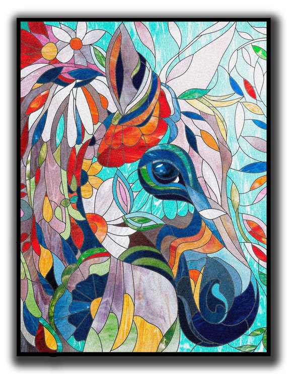 Stained glass horse pattern to download PDF, Colorful stain glass horse window panel pattern, Stained glass animal pattern
