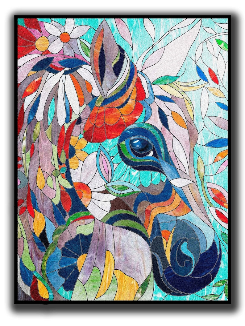 May include: A stained glass style illustration of a zebra's head with a colorful floral background. The zebra's eye is blue and the background features shades of blue, green, red, orange, yellow, and purple.