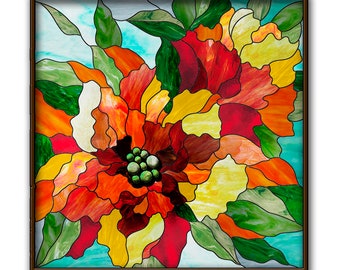 Peony Stained Glass Pattern PDF, Stain Glass Flower Pattern to download, Stained Glass Floral Window Panel Pattern