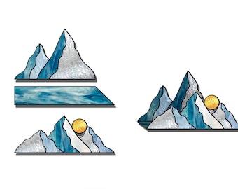 3D Stained glass mountain pattern, Mountain stained glass pattern to download, Sun stain glass printable pattern, Moon stain glass pattern