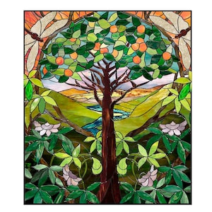 Stained glass tree pattern to download PDF, Stain glass orange tree window panel pattern, Stained glass dragonfly pattern