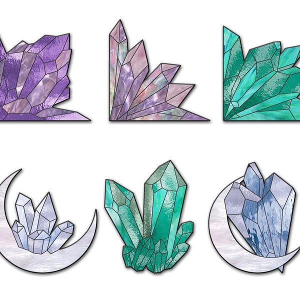Patrones de vidrieras de cristales (juego de 6), conjunto de patrones de esquina de ventana de vidriera fácil PDF, paquete de patrones de racimo de cristal