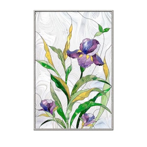 May include: A stained glass window panel featuring a purple and blue iris flower with green leaves and yellow stems against a white background.