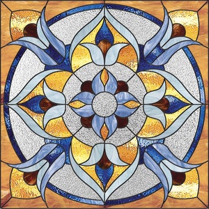 May include: A stained glass window design featuring a circular pattern with blue, yellow, and white colors. The design has a floral motif with intricate details.