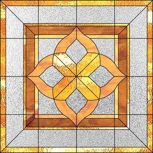May include: A stained glass window design with a geometric pattern in shades of gold and brown. The design features a central motif of four overlapping circles, creating a star-like shape.