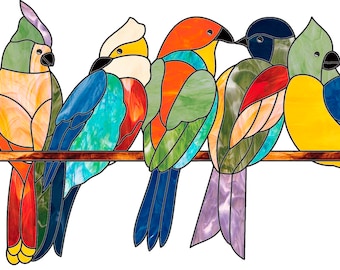Stained glass birds on a wire pattern, Stain glass birds on branch pattern, Stain glass bird suncatcher pattern PDF