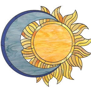 Sun stained glass pattern, Celestial stain glass pattern to download, sun and moon suncatcher pattern