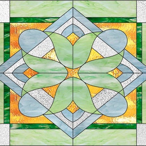 May include: A stained glass design with a geometric pattern featuring green, blue, and gold colors.