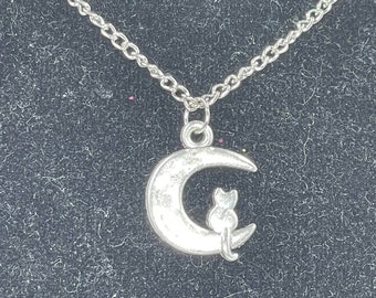 Spooky Halloween Necklace - Charm Necklace - Accessories - Cat in Crescent Moon
