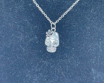 Spooky Girl Skull with flower - Halloween Necklace - Charm Necklace - Accessories
