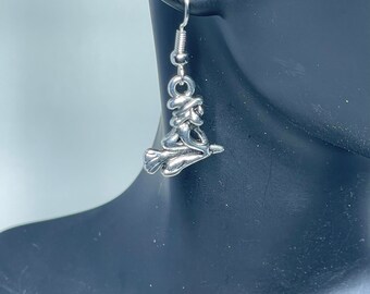 Silver Witch on a Broom Earrings - Womens Jewelry - Halloween Jewelry