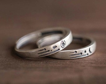 Sterling Silver Promise Ring, Sun & Moon Couple Rings, Adjustable Matching Rings, Dainty Couple Ring Set, Couple Jewelry, Best Friend Gift