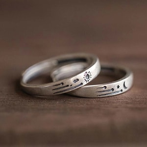 Sterling Silver Promise Ring, Sun & Moon Couple Rings, Adjustable Matching Rings, Dainty Couple Ring Set, Couple Jewelry, Best Friend Gift