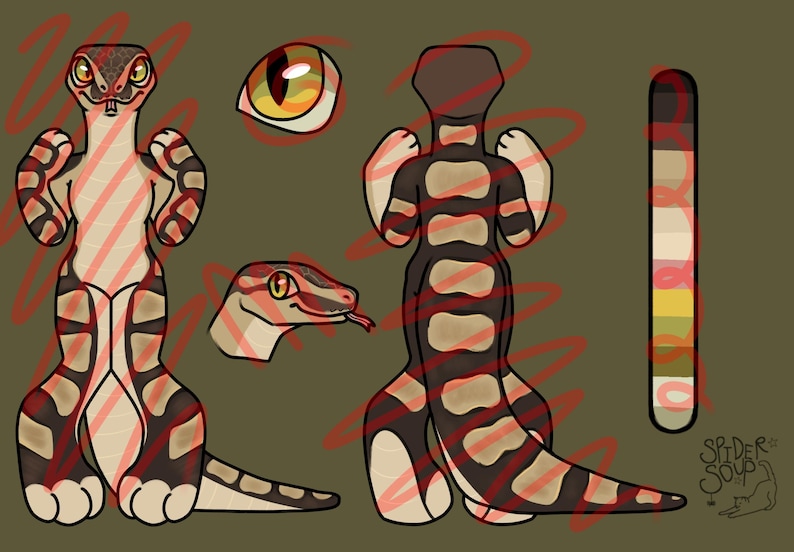 May include: A digital character reference sheet featuring a bipedal creature with snake-like features, brown and tan striped markings, and a long tail. The illustration includes a front view, a back view, a side profile of the head, an eye detail, and a color palette bar. The text Spider Soup is visible in the bottom right corner.