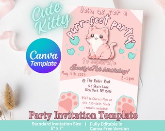Cute Kitty Birthday Invite | Purr-fect party Birthday Invitation | Canva Editable Template | Kawaii Kitty Invitation  | Fully Customizable