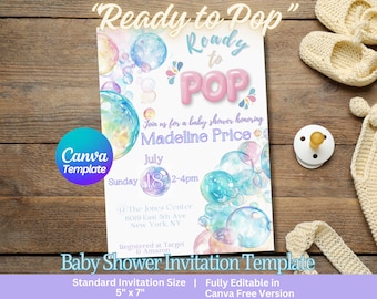 Invito per baby shower Ready to Pop Evite / Invito per baby shower a tema Bubble / Modello modificabile Canva / Completamente personalizzabile