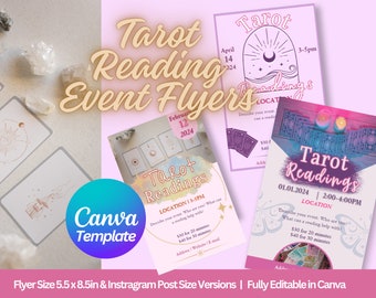May include: Three pink and purple flyers advertising tarot readings. The flyers feature a tarot card design and text that says "Tarot Readings" and includes dates, times, and prices for the readings.