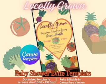Evite de baby shower cultivé localement | Invitation numérique de fête de naissance du marché de | Modèle modifiable de création de toile pour bébé | Entièrement personnalisable