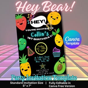 Dancing Fruit Birthday Invitation | Hey Bear Invite | Boy Girl Birthday | Custom Digital File | Dancing Fruit Party Invite