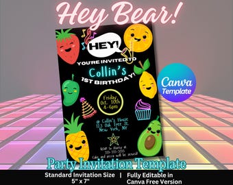 May include: A black and neon green party invitation template for a 1st birthday party. The invitation features a cartoon fruit theme with a pineapple, avocado, mango, lemon, and strawberry. The text reads "Hey Bear! You're invited to Collin's 1st Birthday! Friday, Oct. 10th, 4-6pm, @Collin's House, 123 Oak Tree St., New York, NY. RSVP to Starty at 555-555-5555. Cake and pizza will be served! Party Invitation Template. Standard Invitation Size 5" x 7". Fully Editable in Canva Free Version."