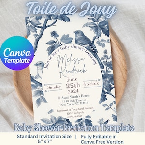 Invitación de baby shower Toile De Jouy / Invitación de baby shower de pájaro azul / Plantilla editable de Canva / Totalmente personalizable