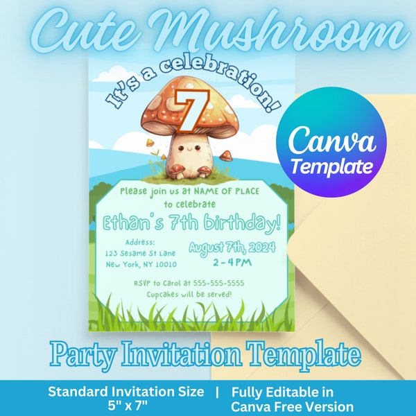 Cute Mushroom Birthday Invite | Forest Birthday Invitation | Canva Editable Template | Mushroom Birthday Invitation  | Fully Customizable