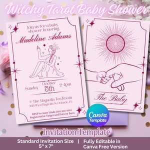 Invitación para baby shower de bruja, Invitación digital de Tarot Mystical Shower, Plantilla editable de Canva, Personalizable