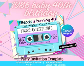 1986年生まれの40歳の誕生日のレトロな招待状｜印刷可能でデジタルなカセットテープを使った40歳の誕生日の招待状｜編集可能なCanvaテンプレート