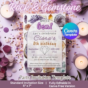 May include: Purple and gold party invitation with a gemstone theme. The invitation says "She's a Gem! Let's celebrate Clara's 8th birthday" and includes details about the party, including the date, time, and location. The invitation is designed to look like a rock or gemstone.